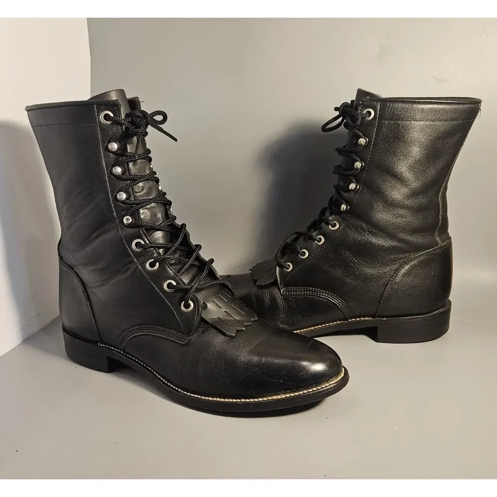 VTG Justin 506 Boots Mens 8 D Black Leather Kiltie Lace Roper Lacer Western USA